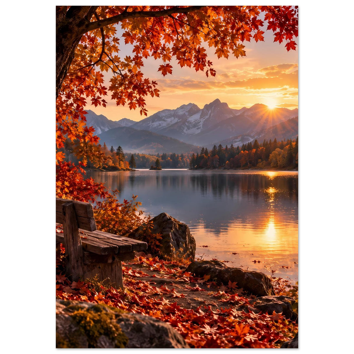 Herbstlandschafts-Poster im Hochformat: Seeufer mit Fels und Holzzaun, warmes Abendlicht