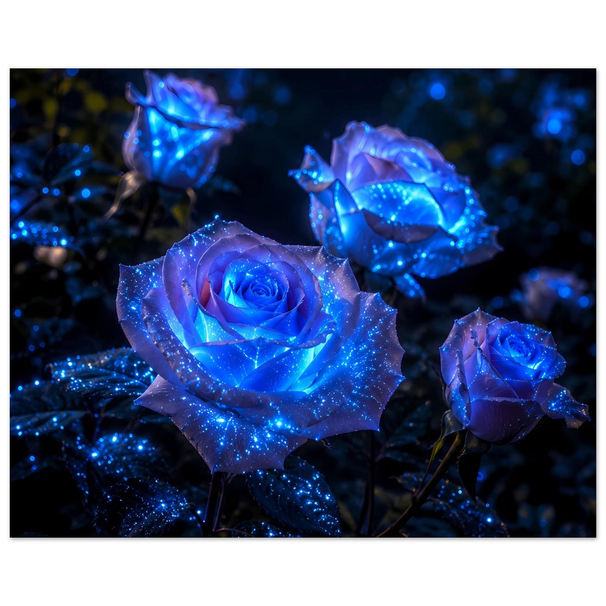 Poster mit blau leuchtenden Rosen: zentrale Rose vorn, seitliche Blüten mit Lichtpunkten