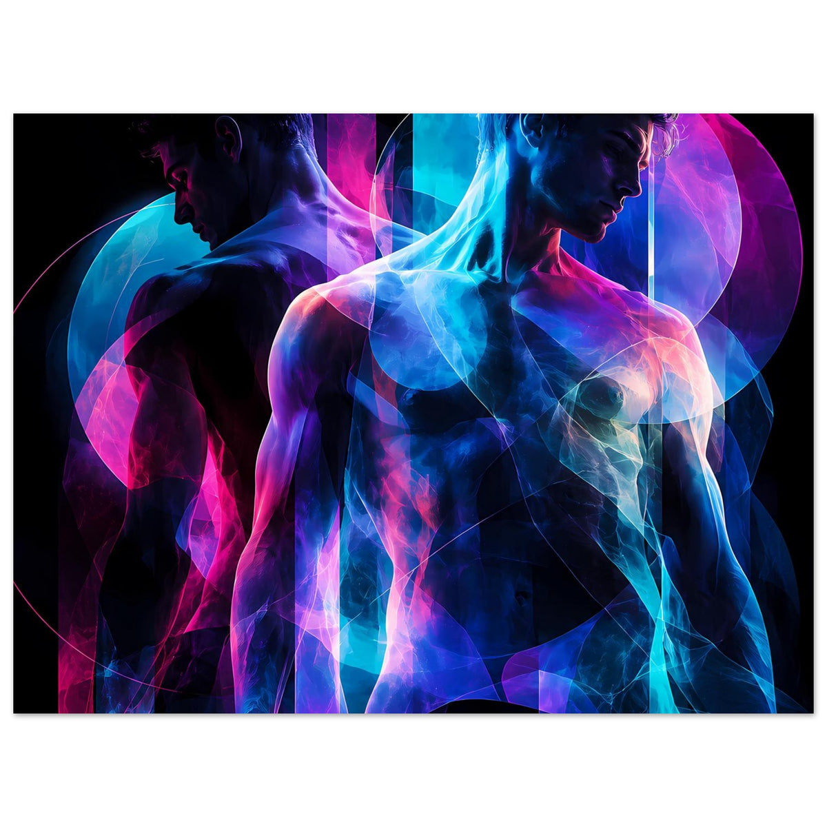 Kunstposter mit neonabstraktem Doppelportrait, große Kreise im Hintergrund in Blau/Pink