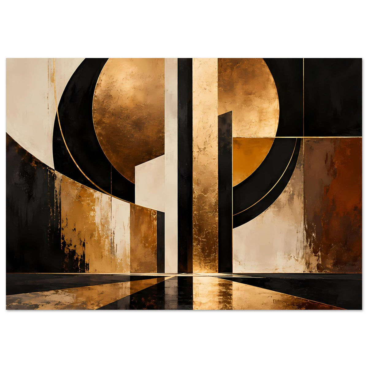 Abstraktes Gold-Schwarz Art Poster: Kreisformen über geometrischen Flächen in Gold und Schwarz