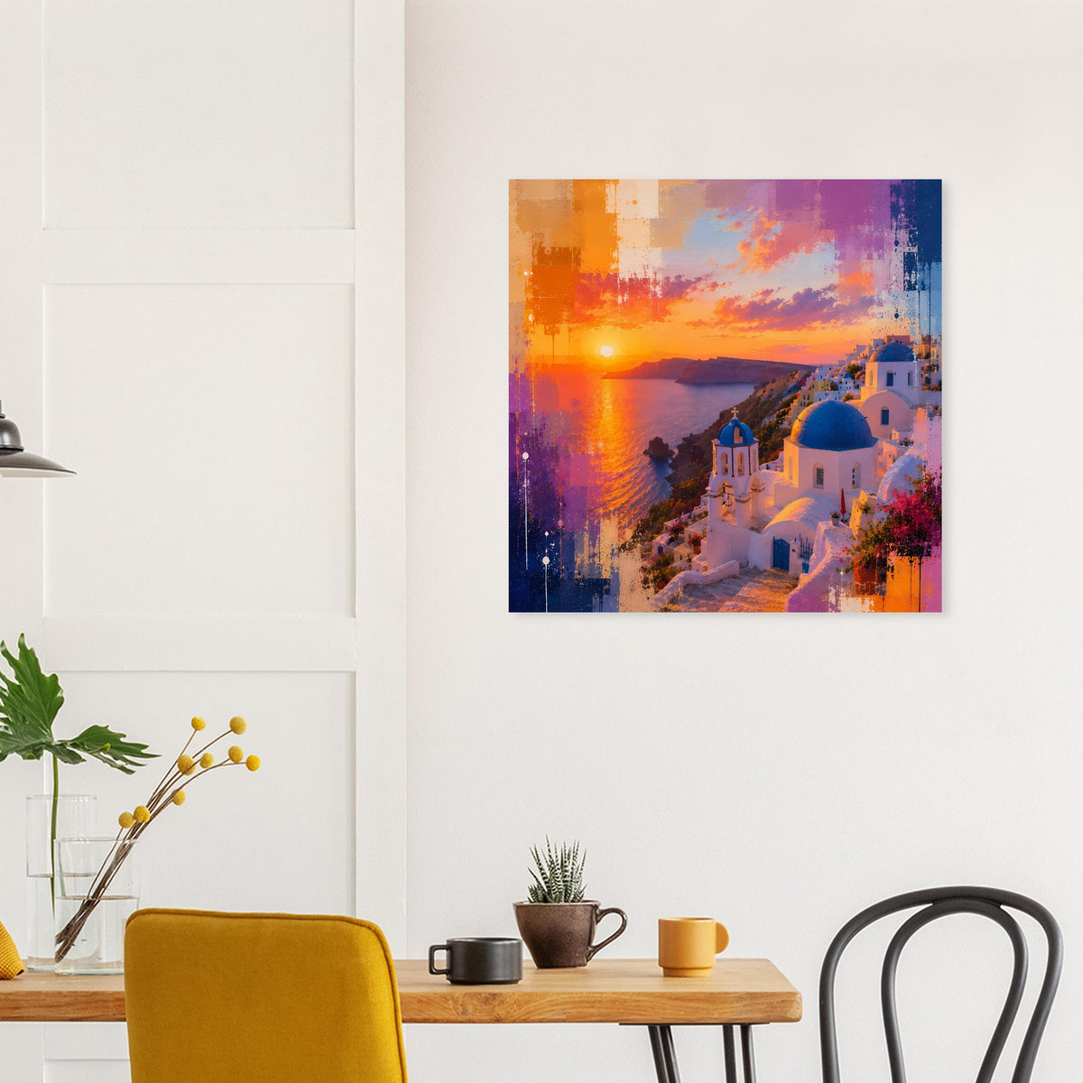 Kunstposter mit Santorini-Ufer bei Sonnenuntergang: orange Sonne, violetter Himmel, weiße Häuser.
