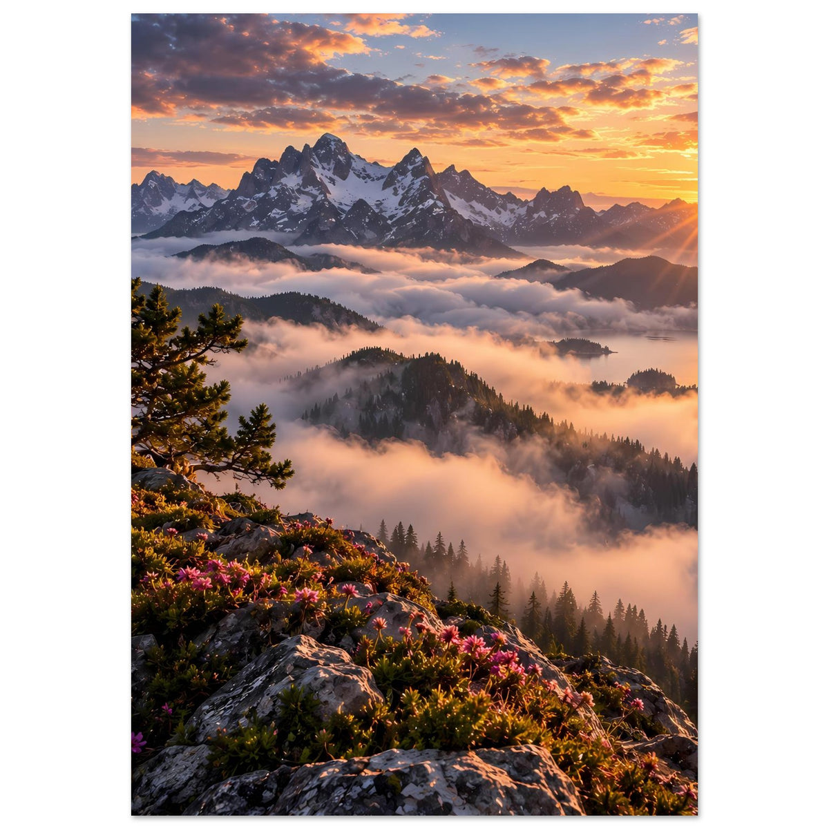 Vertikales Wandposter mit Berggipfeln im Sonnenaufgang, Wolkenmeer und Tanne