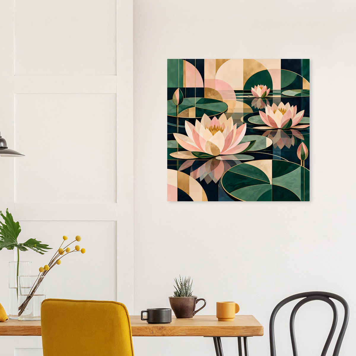 Lotus-Grafik-Poster mit grünen, rosa und beigen Formen, quadratisch