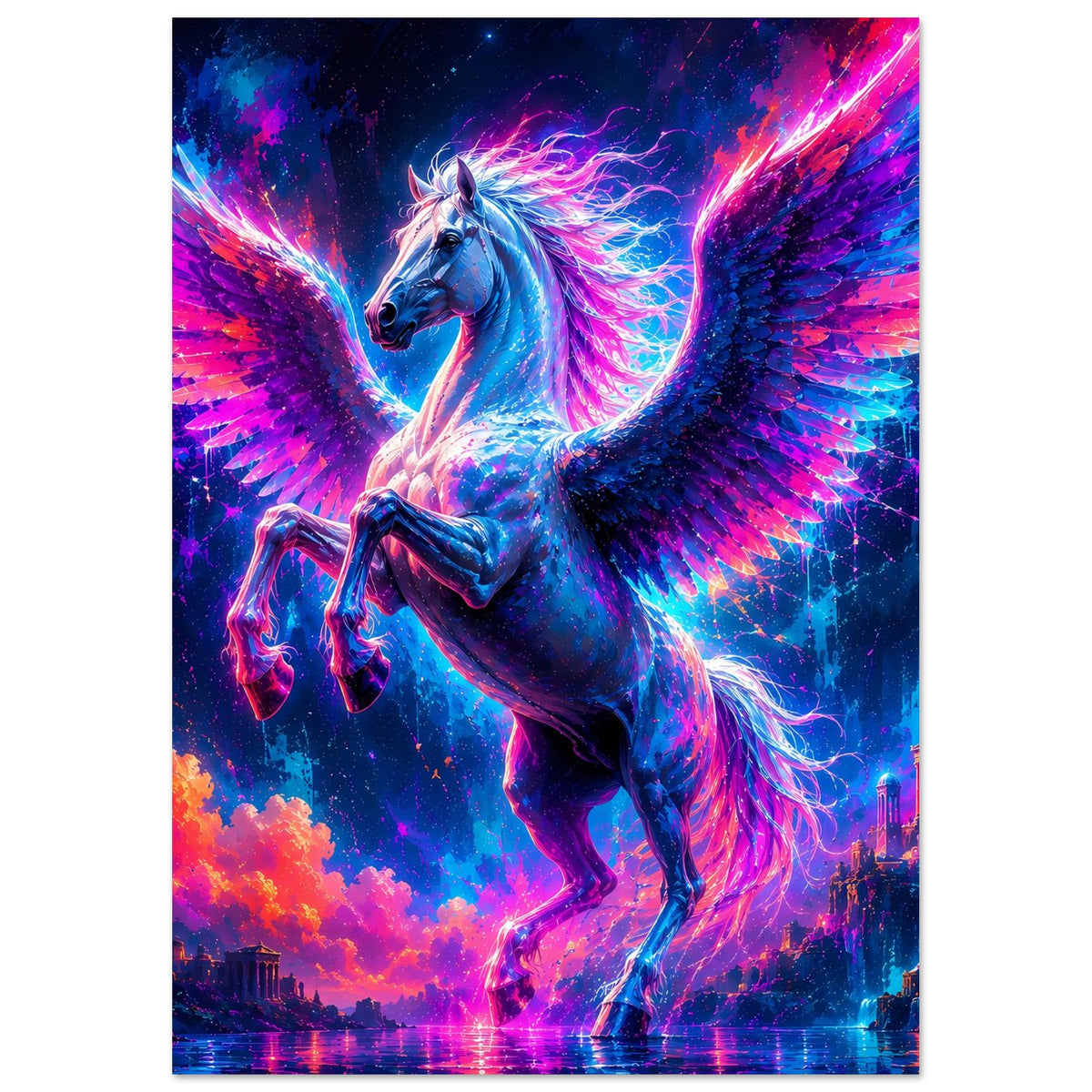 Leuchtendes Pegasus-Poster, blauer Pegasus mit leuchtenden Flügeln in intensiven Neonfarben