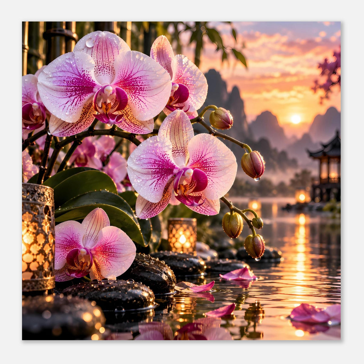 Poster mit rosa Orchideen und Kerzen am Seeufer, Wasser glänzt im Sonnenuntergang