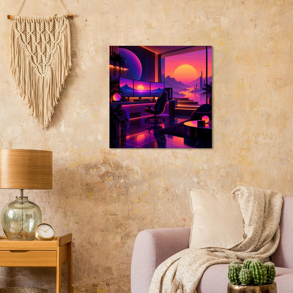 Quadratisches Neon-Retro-Poster mit Aussichtsterrasse, orangefarbener Sonne und pink-violettem Himmel