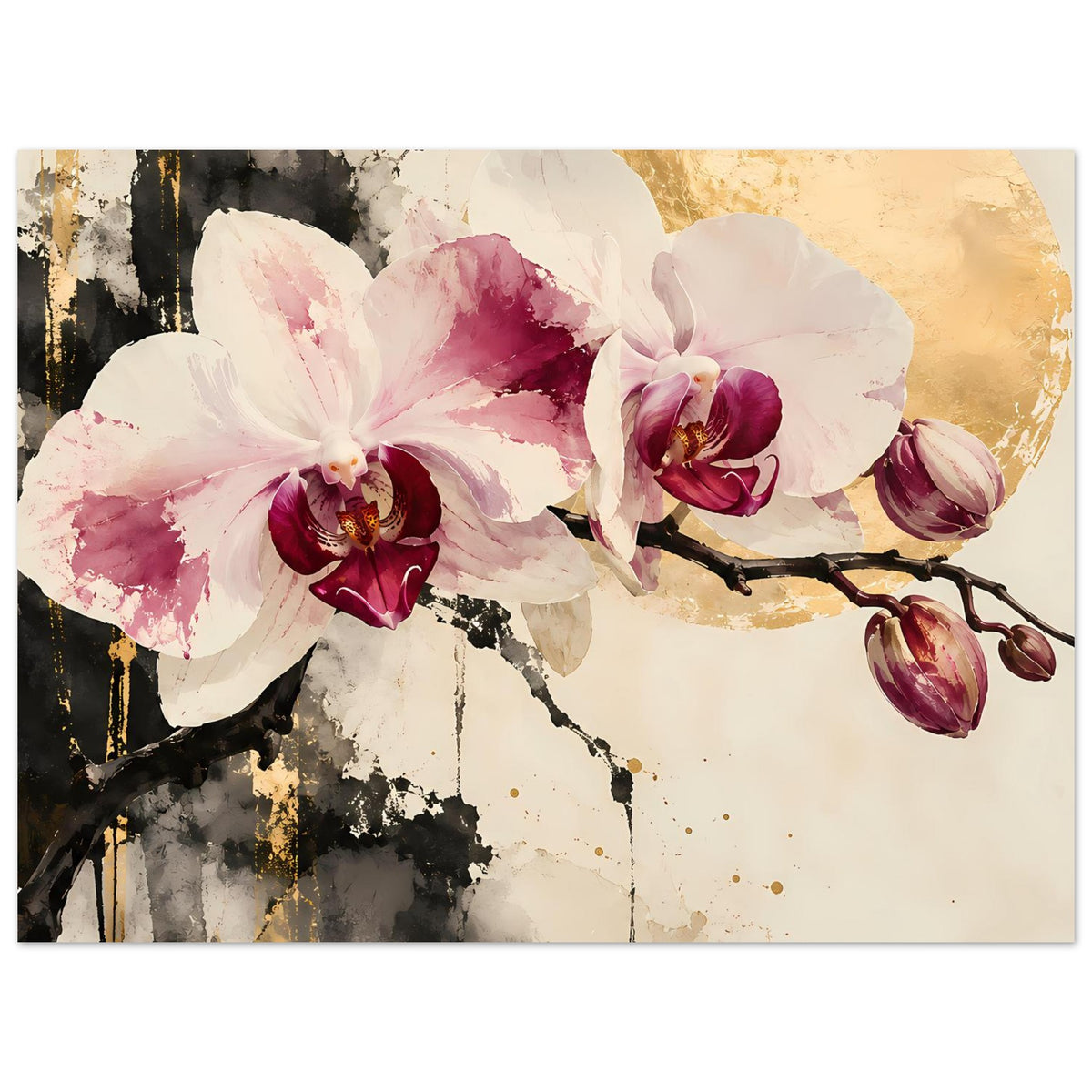 Blumenposter mit Orchideenblüten in Weiß und Rosa, dunkle Zweige, goldene Akzente