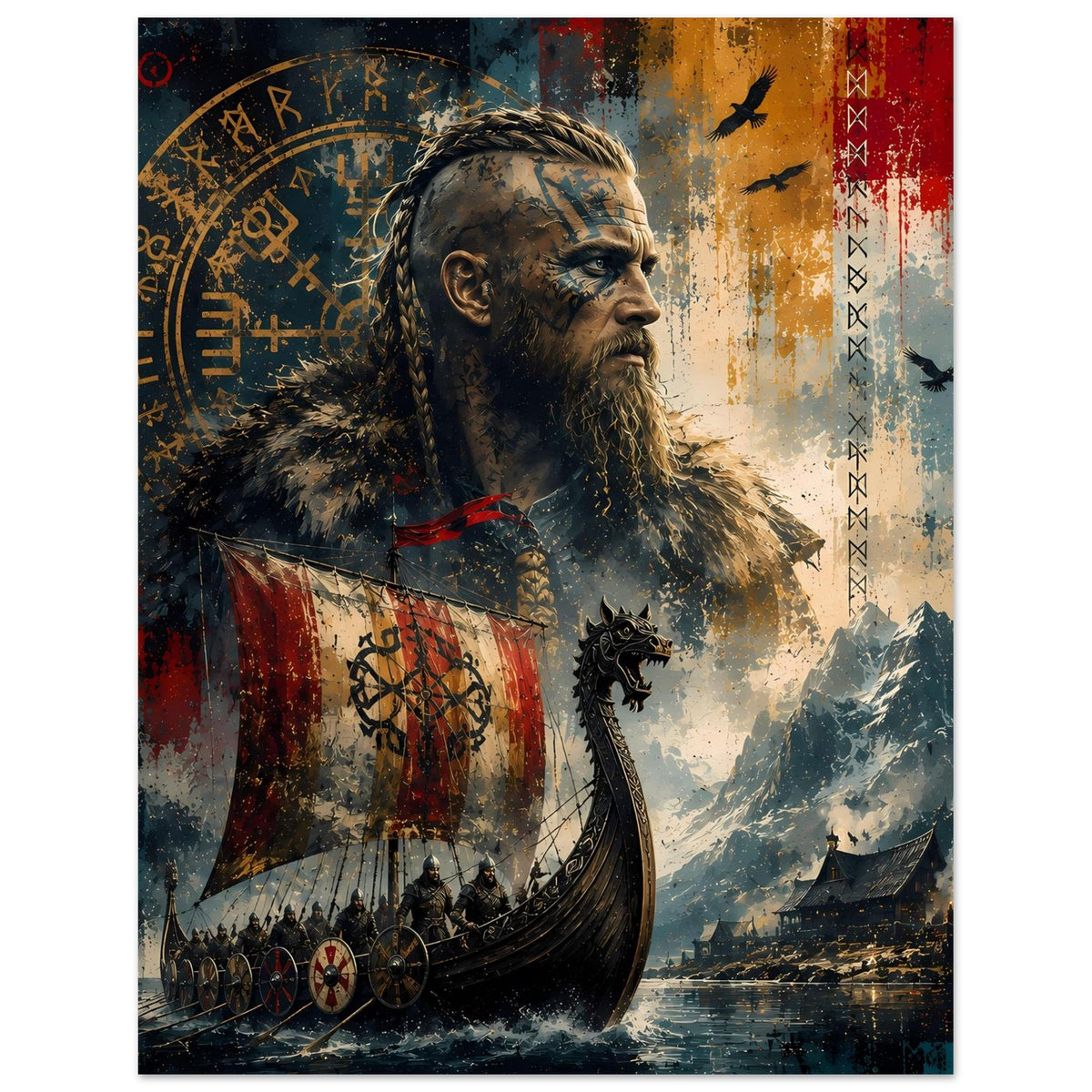 Wikingersaga-Poster mit breitem Rand: Bartmann im Profil, Langschiff, Runenzeichen
