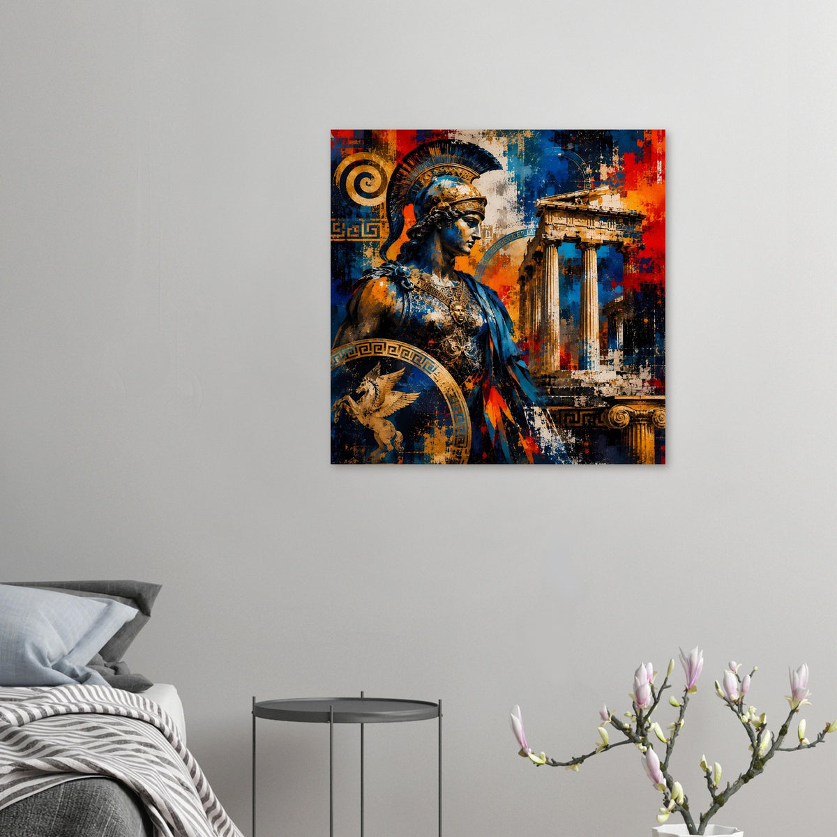 Poster: griechischer Krieger in Blau und Gold vor antiken Säulen, farbiger Sprühstil
