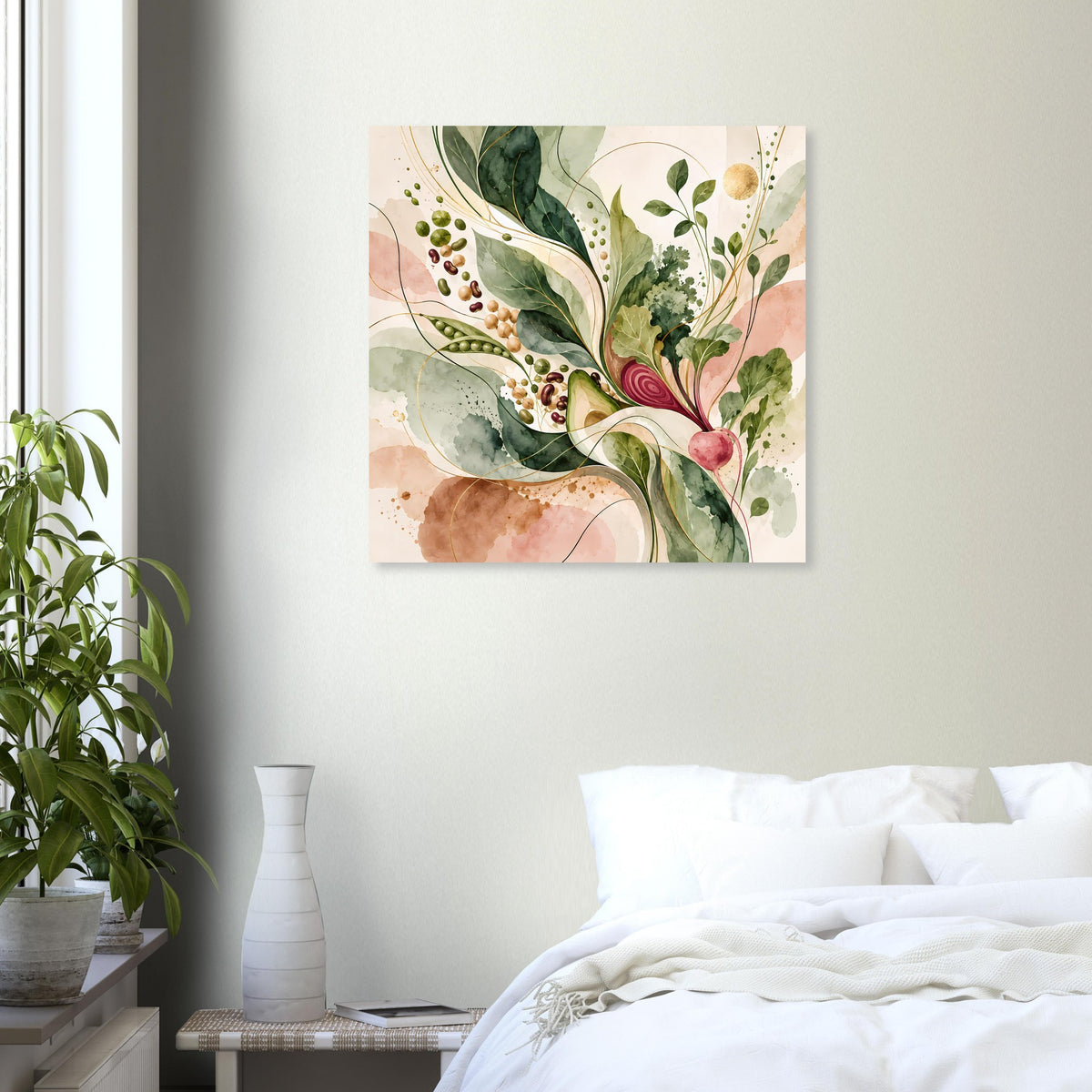 Quadratisches Naturposter mit botanischen Formen in Salbeigrün, Beige und Rosé