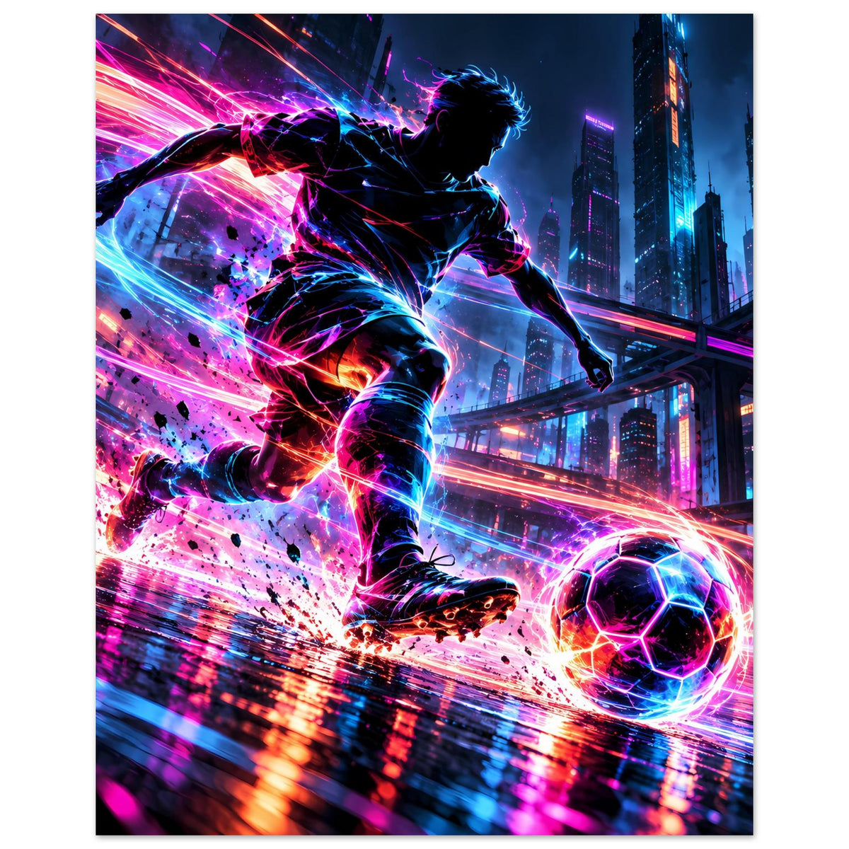 Neon-Soccer-Actionposter im Hochformat: Fußballer mit Lichtstrahlen, Ball und futuristische Stadt