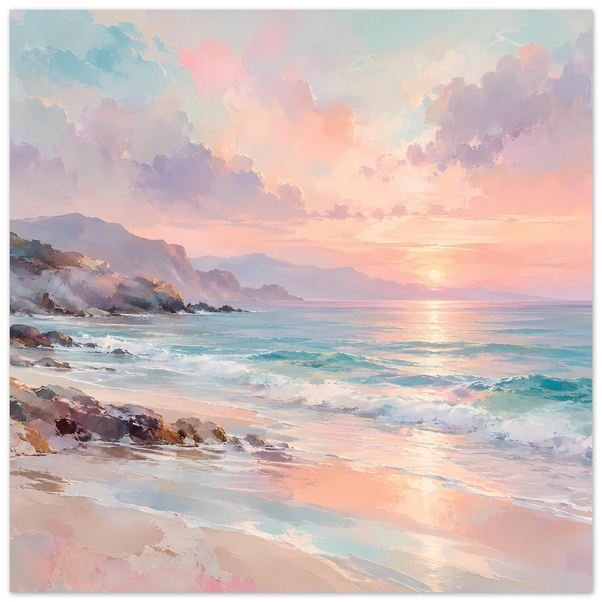 Querformat-Poster: Strandpromenade mit schimmerndem Meer, Sonnenuntergang und Wolken