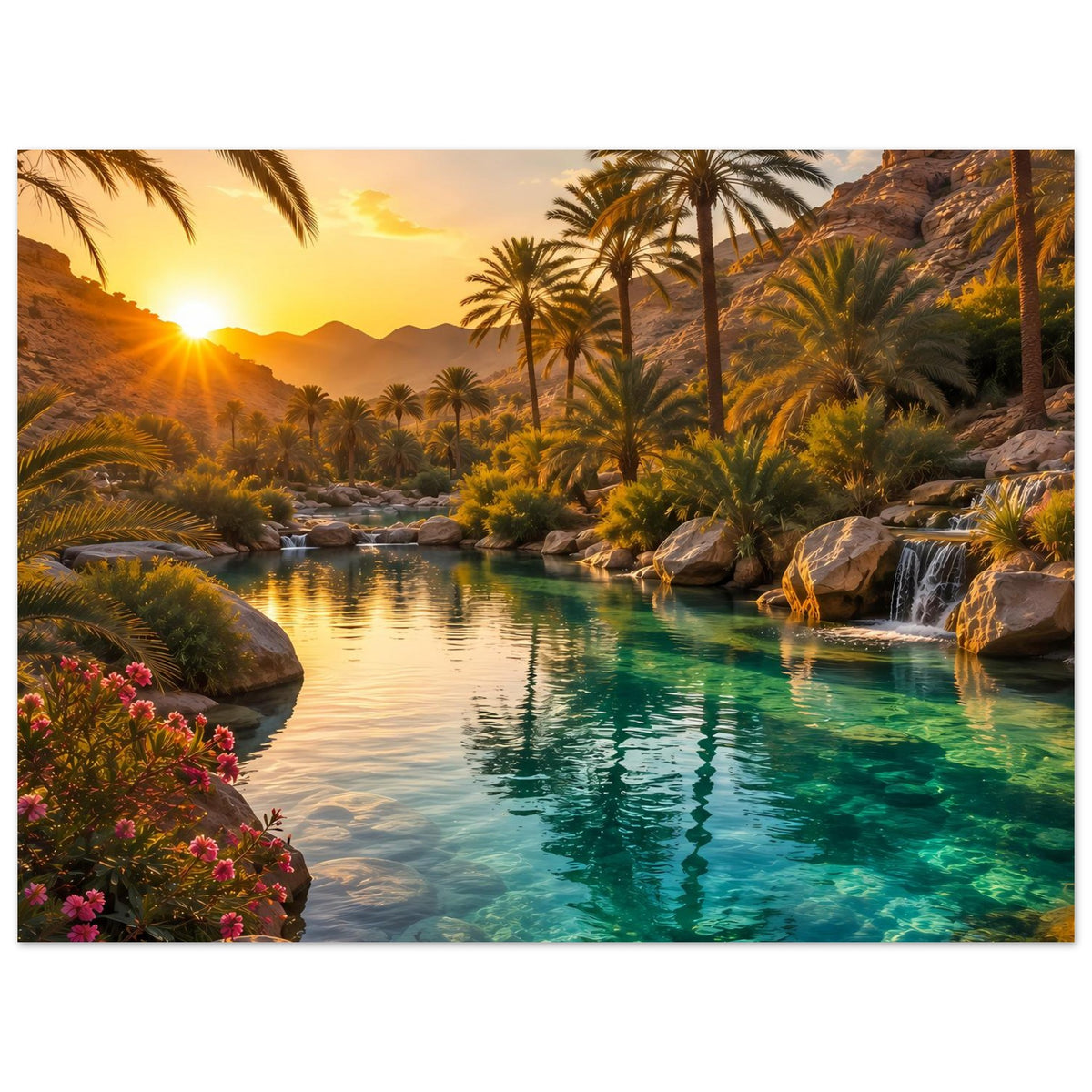 Poster mit tropischem Fluss, Palmen und Wasserfall rechts, warmes Licht bei Sonnenuntergang