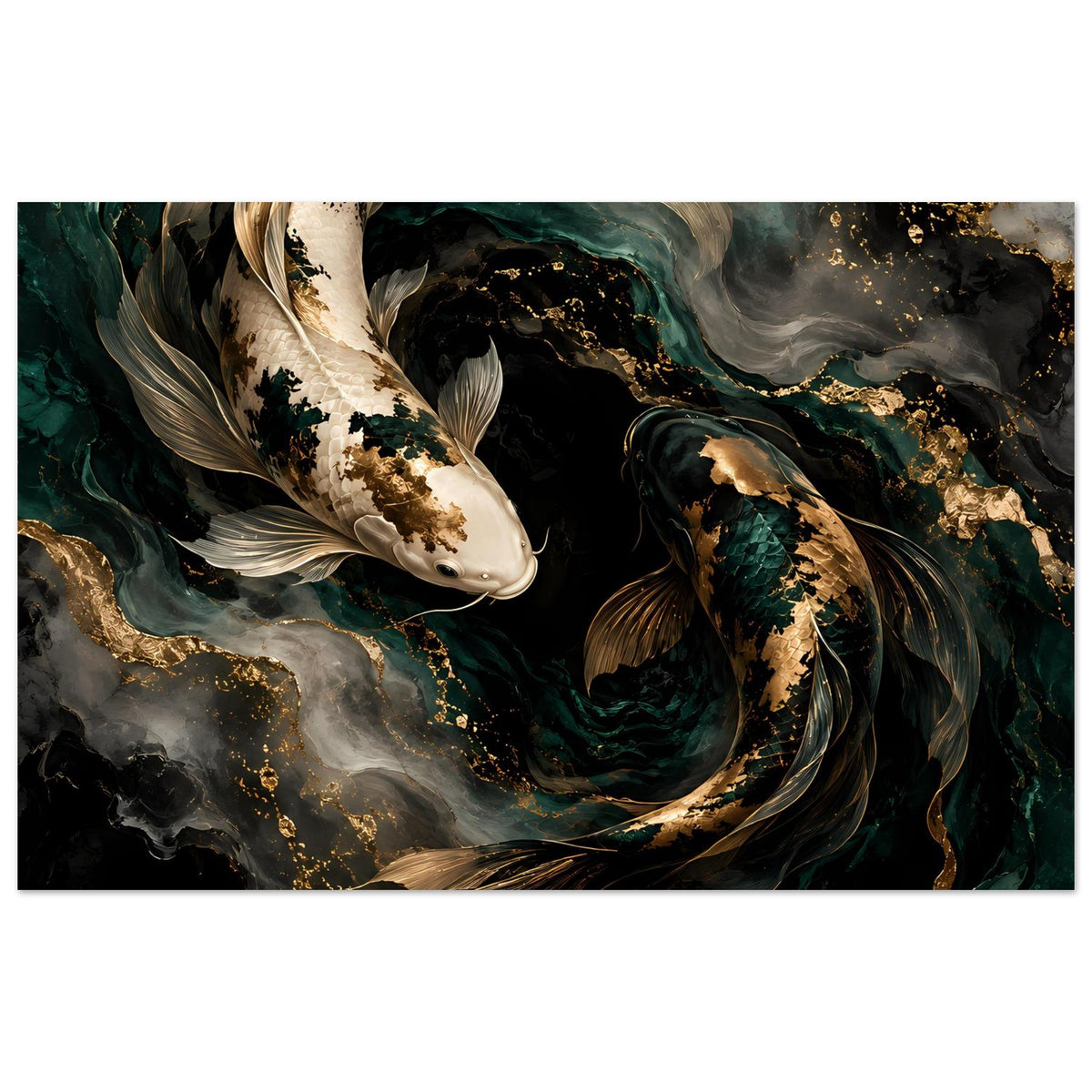 Kunstposter mit Koi-Fischen (horizontal): zwei Fische, Goldakzente und Wasserwirbel