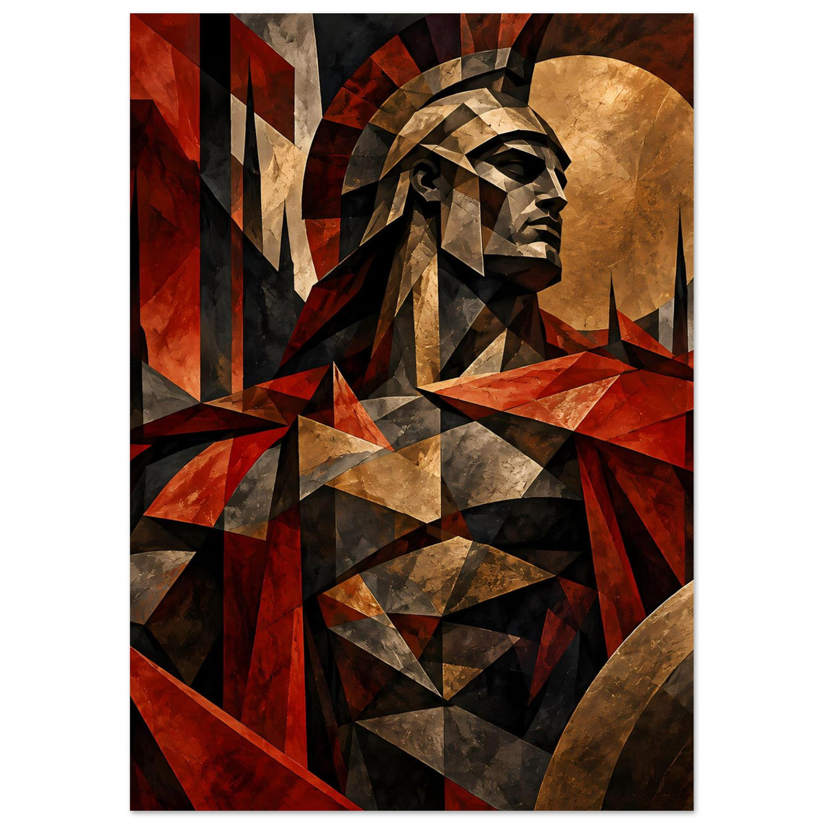 Poster mit spartanischem Kriegerkopf und Helm, geometrische Motive in Rot und Gold, Hochformat