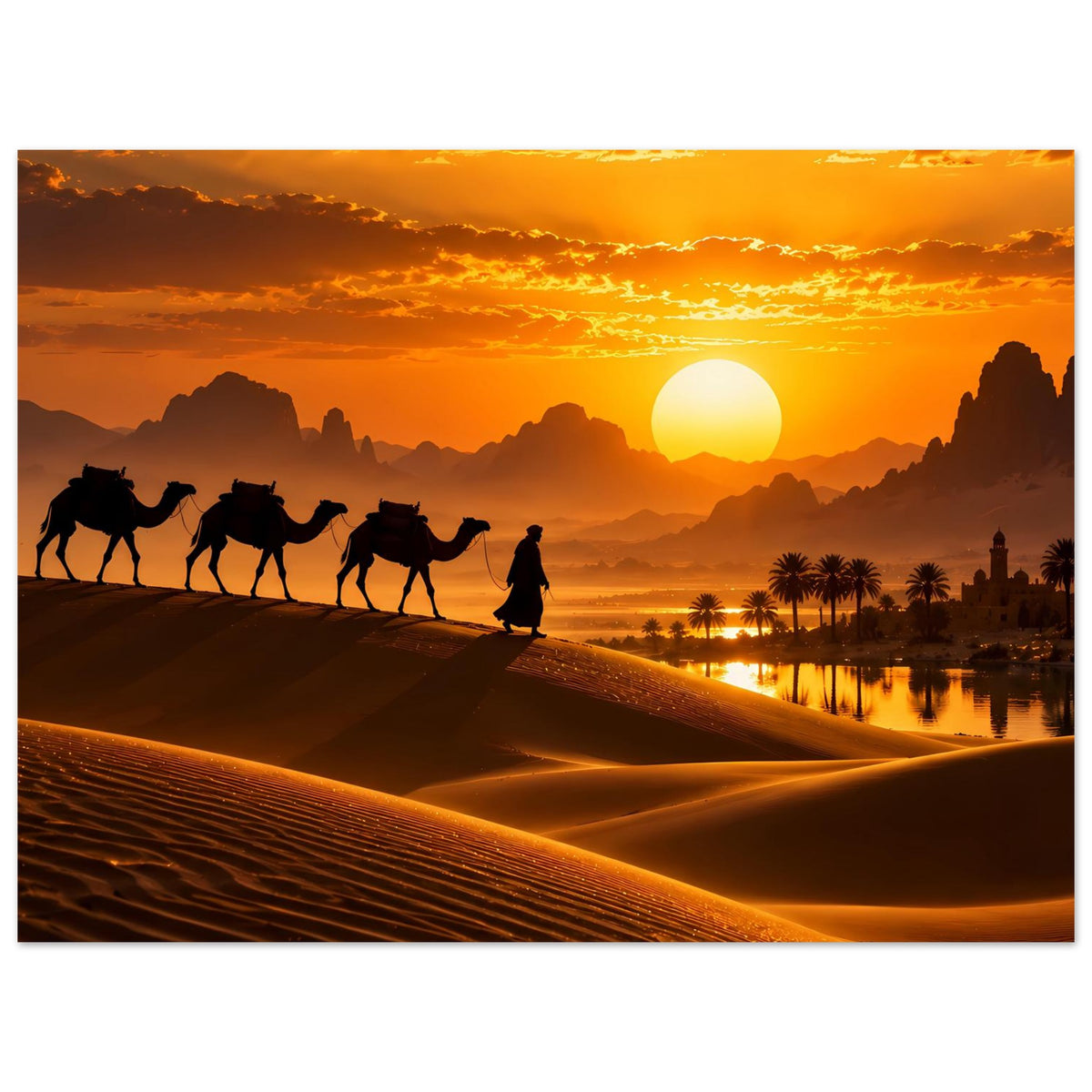 Poster mit Wüstenkarawane in der Silhouette, Sandwellen, Sonne am Horizont über Oase