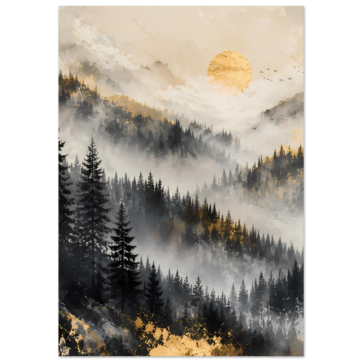 Poster mit Berglandschaft: Tannen im Nebel, goldene Akzente unten und über den Hängen