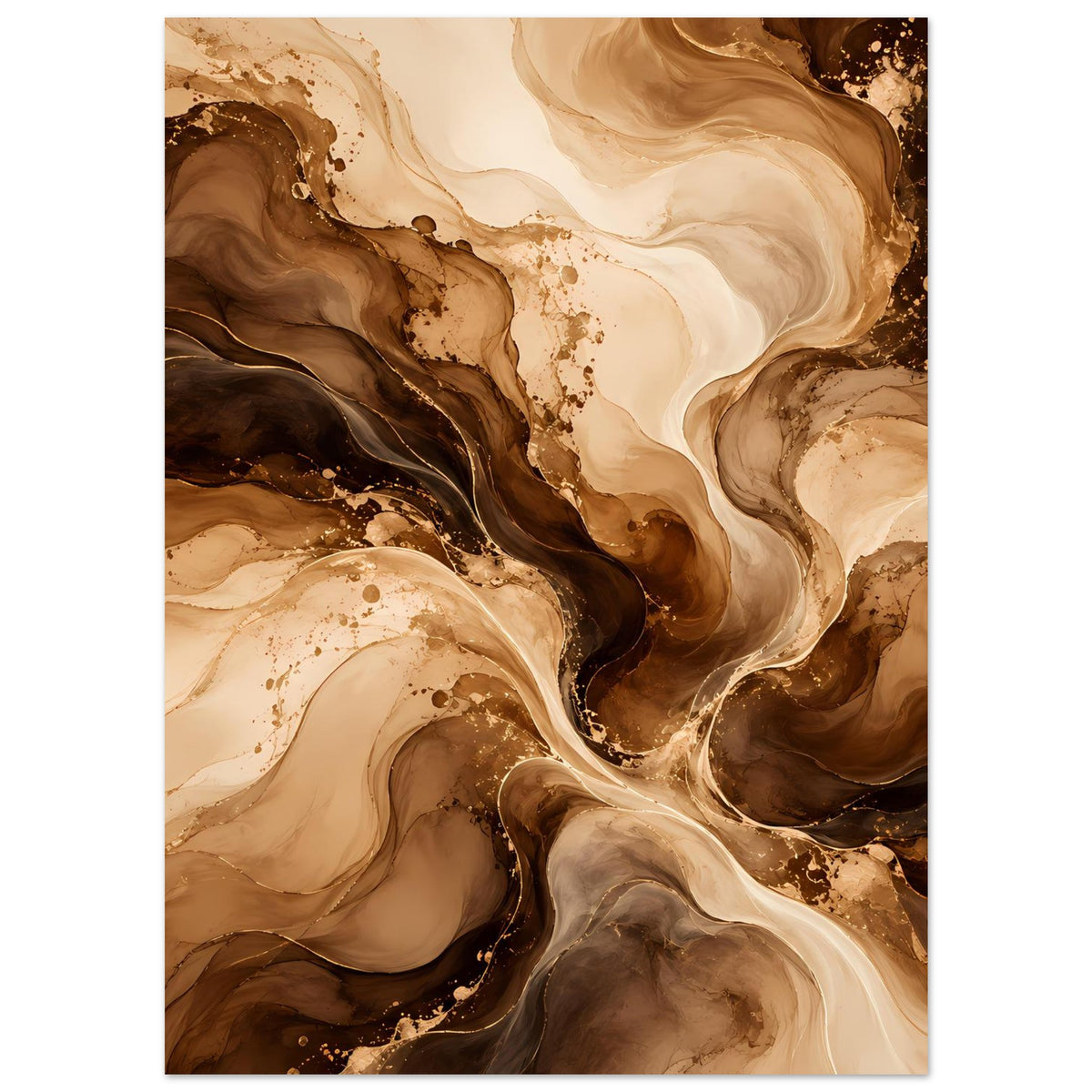 Abstraktes Poster im Hochformat mit braunem und beigefarbenem Fluid-Design, mit goldenen Punkten