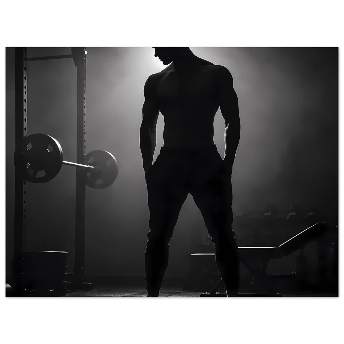 Sportmotiv-Druck: schwarze Silhouette eines Mannes in Trainingspose, gerahmter Posterprint