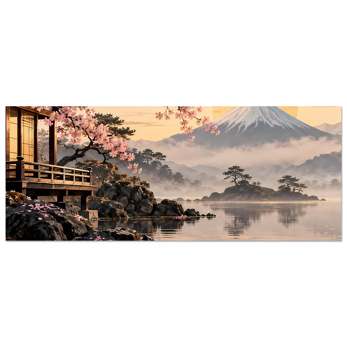 Horizontales Sakura-Poster: Pagode am Ufer, Kirschblüten, Fuji und Spiegelung im See.