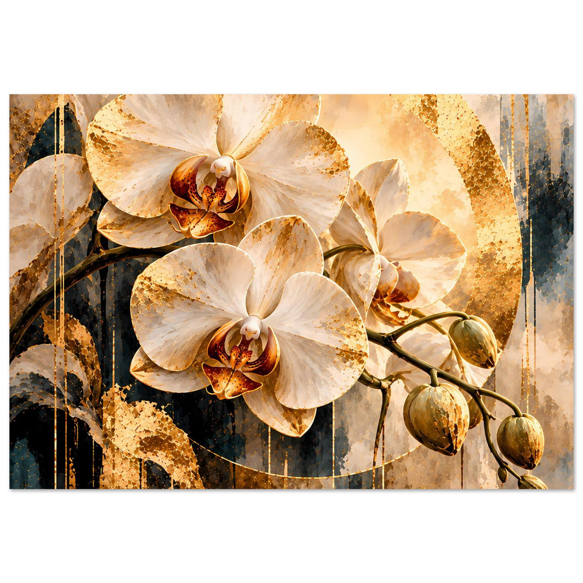 Orchideen-Kunstposter mit cremefarbenen Orchideen, goldfarbenem Muster und dunklen Akzenten
