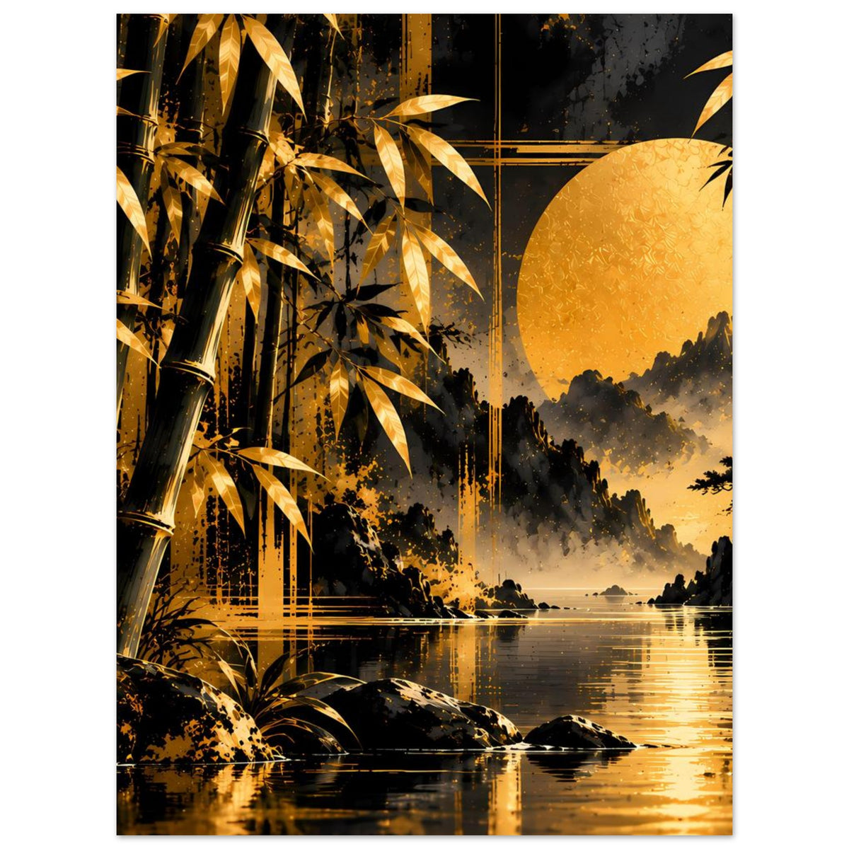 Goldenes Bambuslandschafts-Poster mit Mond über See, Reflexion und Silhouetten