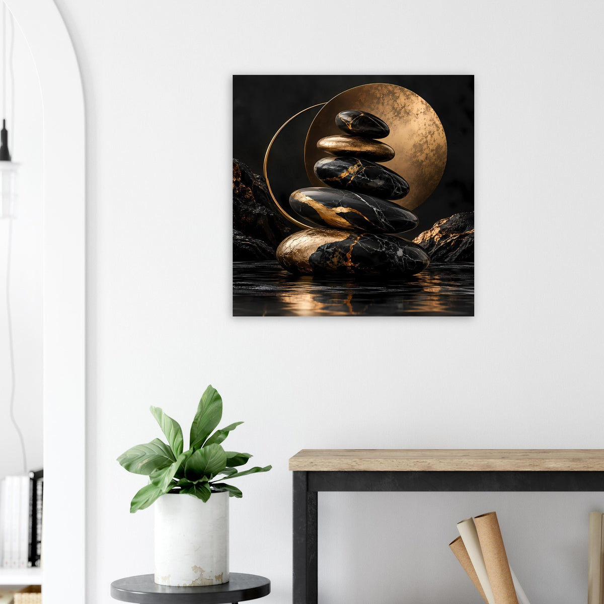 Zen-Stein-Poster mit Stapel dunkler Steine, goldener Kugel und Kreislinien