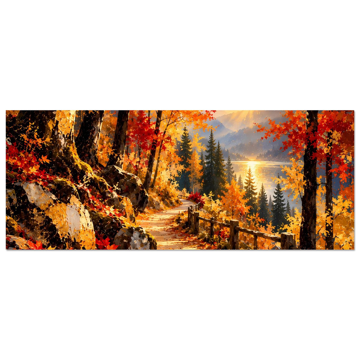 Horizontales Poster: Herbstwanderweg mit Zaun, bunten Baumkronen und goldenem Licht