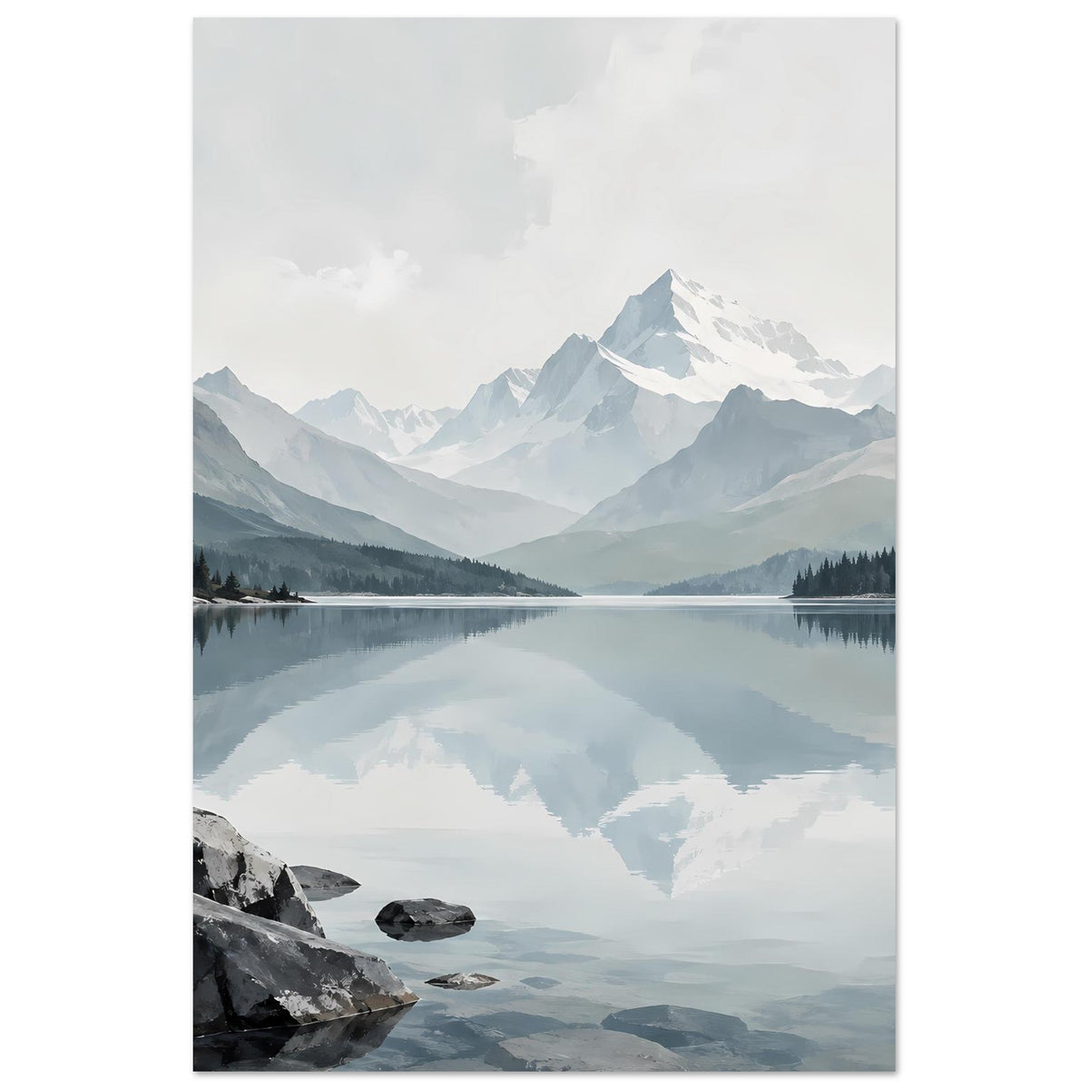 Kunstdruck im Hochformat: Bergsee mit Spiegelung, Berge und Wolkenhimmel