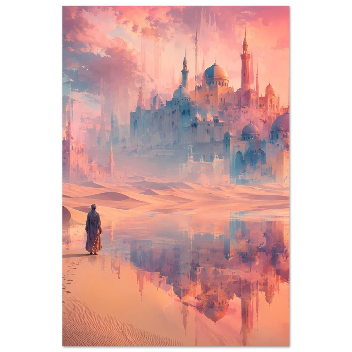 Poster Hochformat: Palast mit Kuppeln und Minaretten, stehende Gestalt am Weg, rosa-oranges Licht