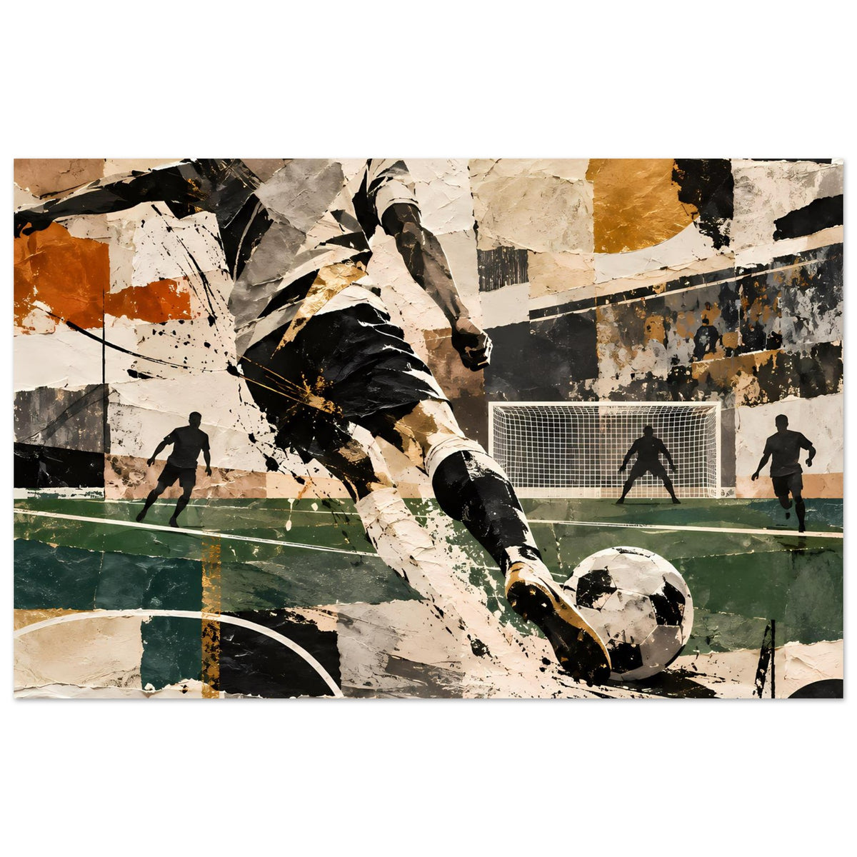 Abstraktes Fußball-Action-Artposter, horizontal: Kontrast aus Schwarz, Beige und Grün rund um den Schuss