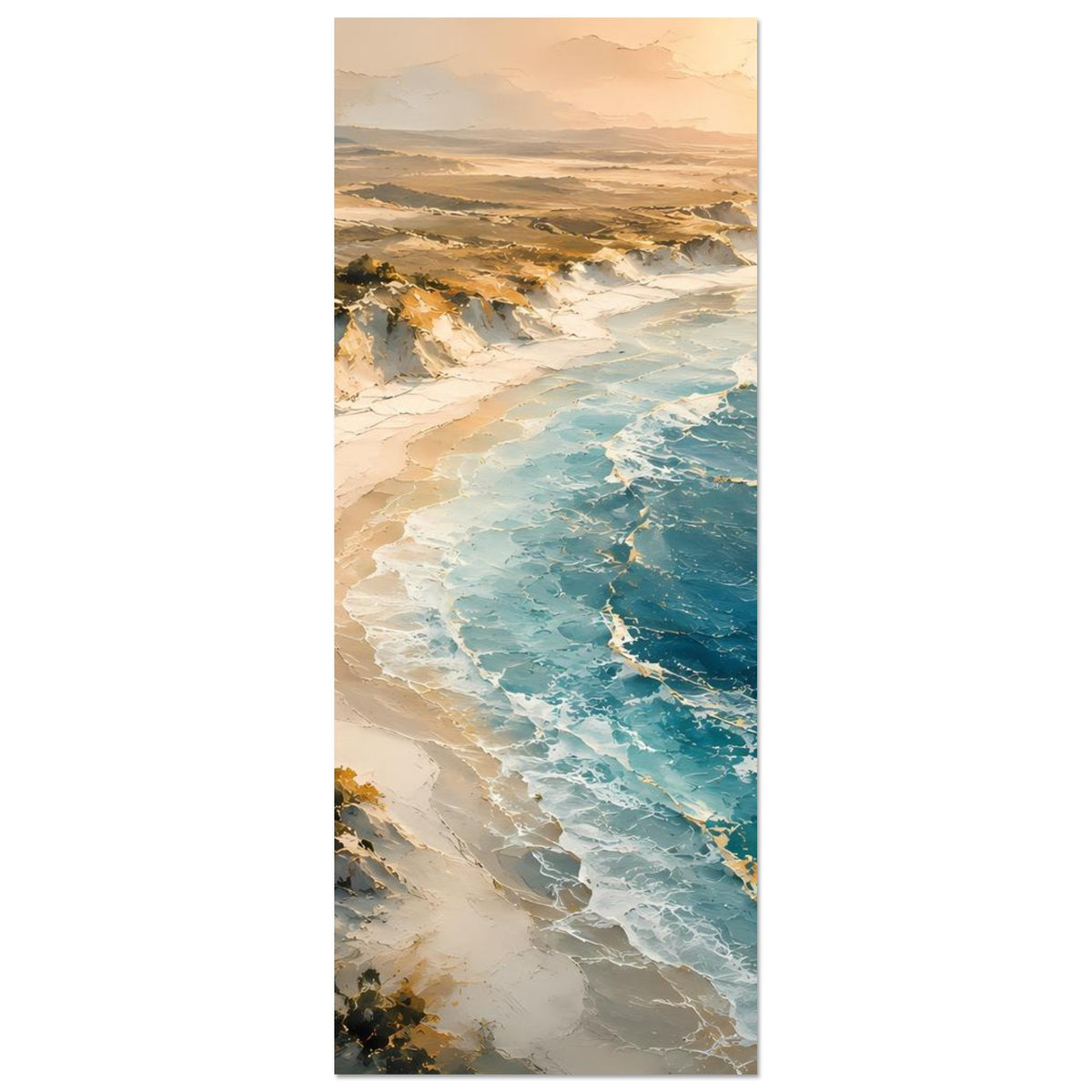 Poster (Hochformat) mit Sanddünen und türkisblauem Meer, Wellen rollen an den Strand