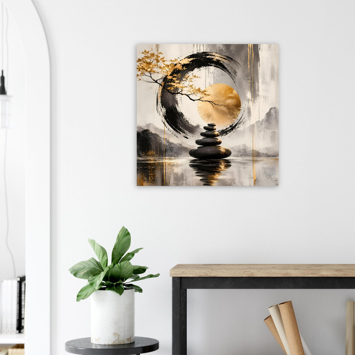 Kunstposter mit Mondkreis, Stapelsteinen und goldenen Akzenten in Schwarz, Grau und Beige.