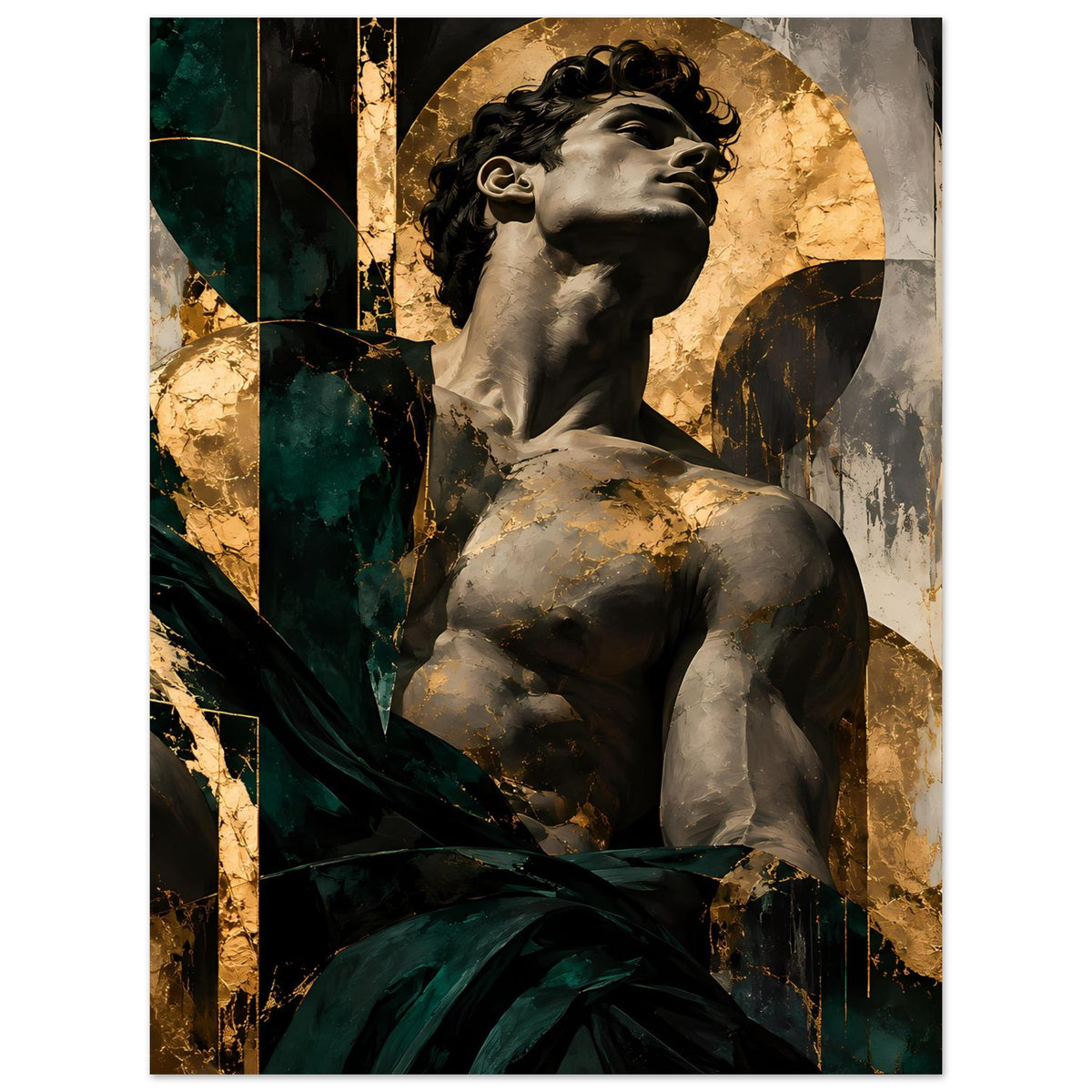 Kunstposter mit Statue im Profil und goldener Scheibe, dunkles Grün, kontrastreiche Texturen