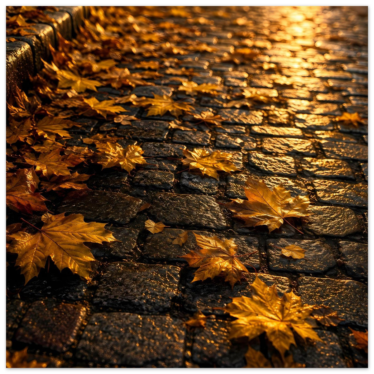 Herbstposter: goldene Blätter auf dunklen Steinen, warm glänzende Blatt-Details