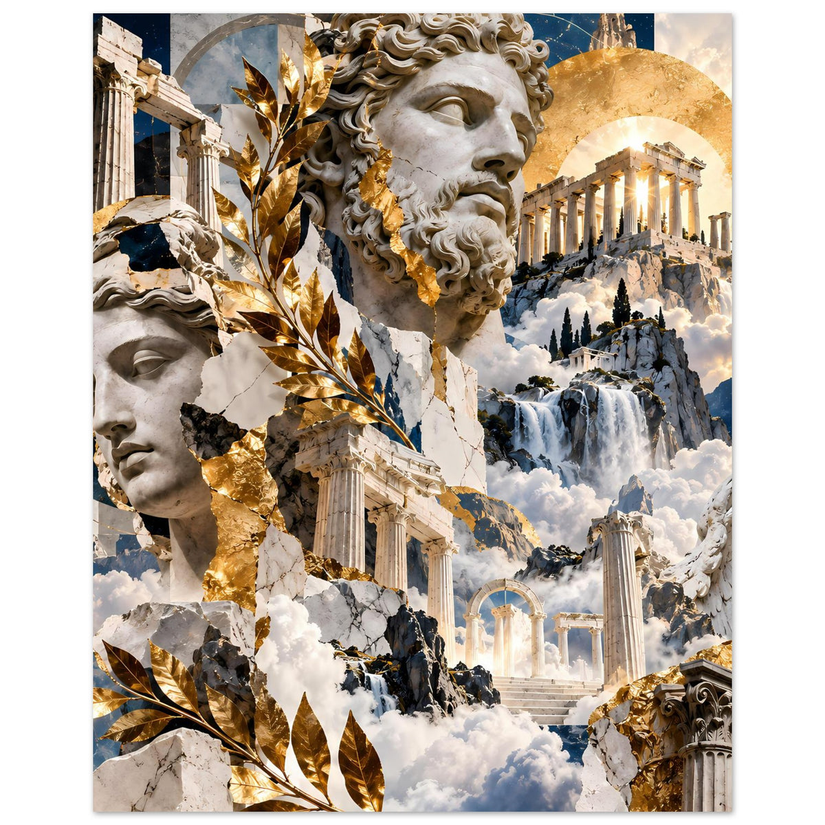 Griechisches Mythologie-Collageposter mit Kopfstatuen, Säulen und Wasserfall-Details, vertikal