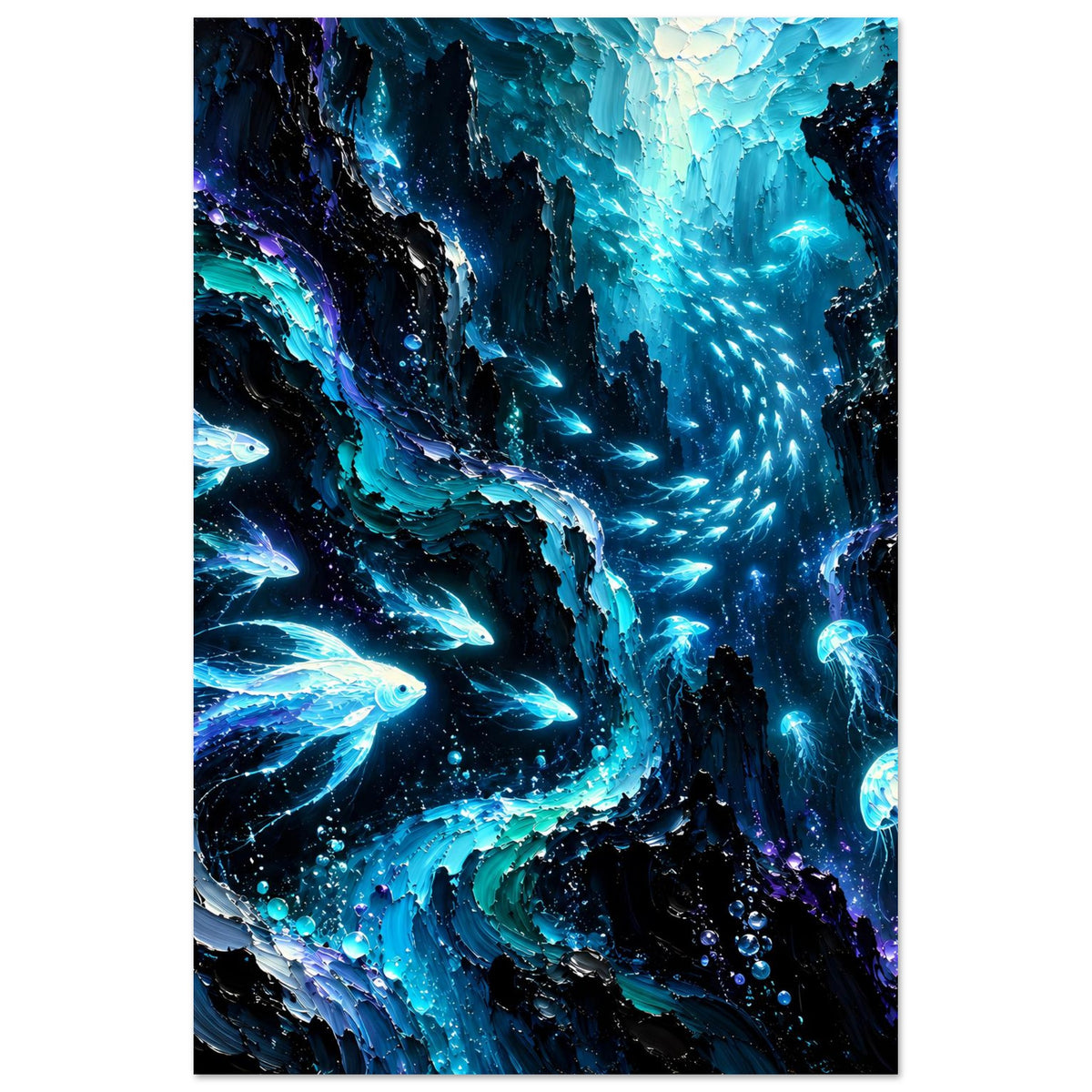Leuchtendes Unterwasser-Poster mit blauen Fischen und Quallen, funkelnden Blasen und Felswänden