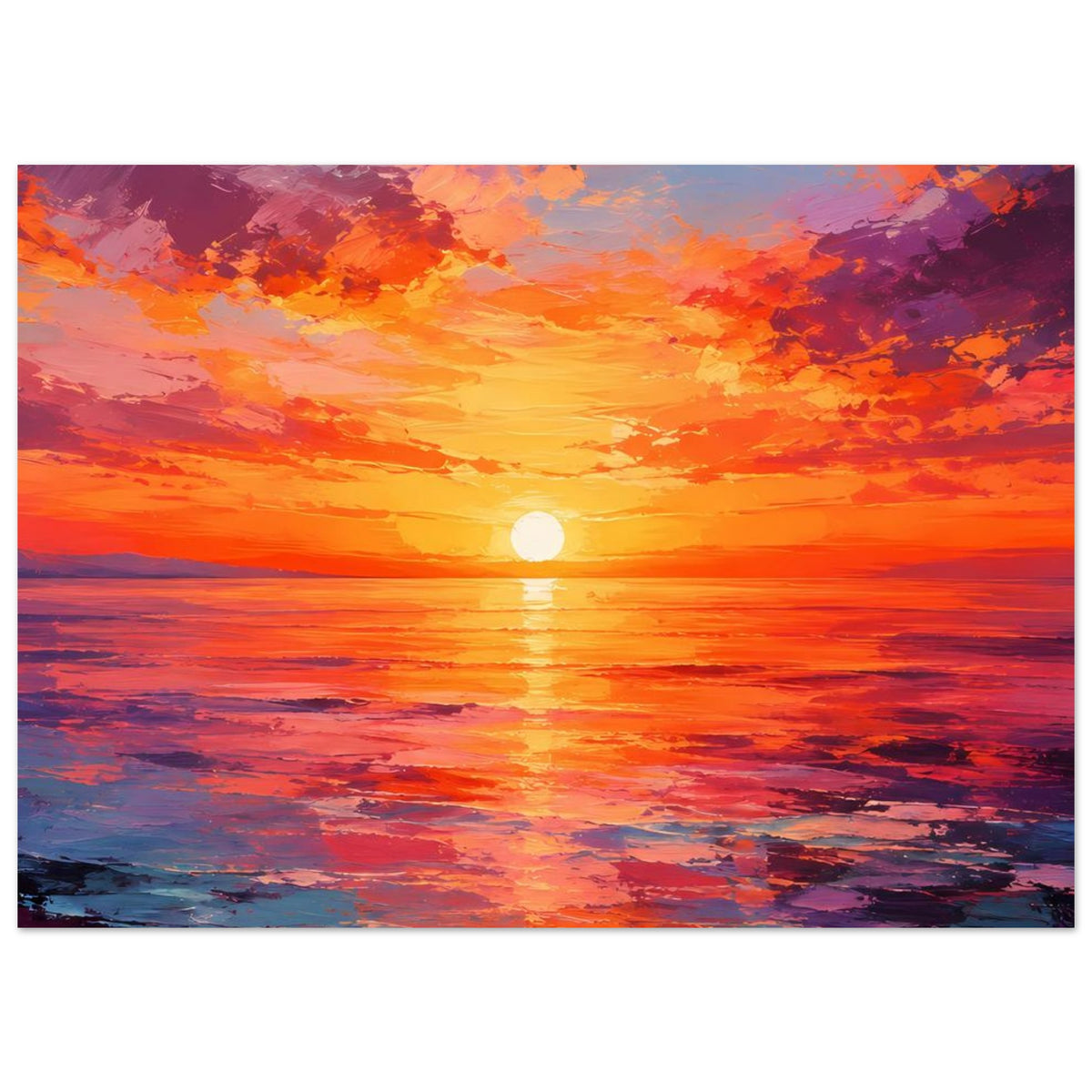 Poster Sonnenuntergang über dem Meer, orange und violett, Spiegelung im Wasser, runde Sonne
