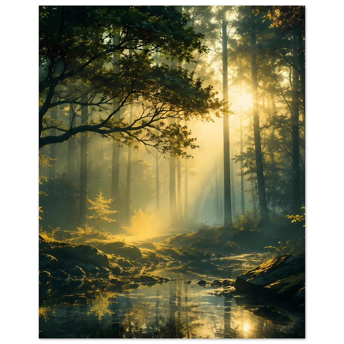 Vertikales Poster: Waldlichtung mit Sonnenaufgang, Bäumen und einem ruhigen Wasserlauf