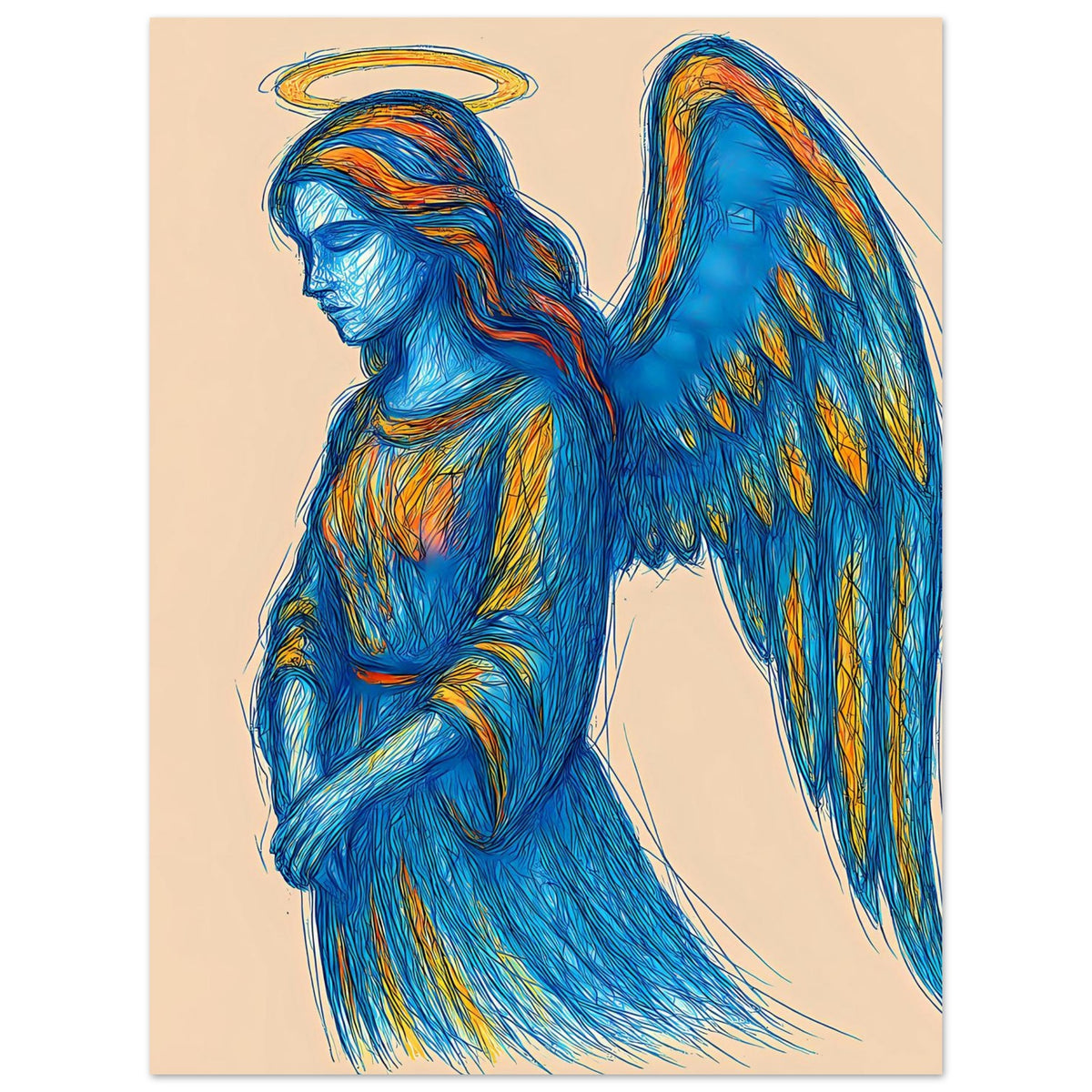 Poster mit Engel in Blau, Flügel mit gelb-orangen Mustern und goldener Heiligenschein