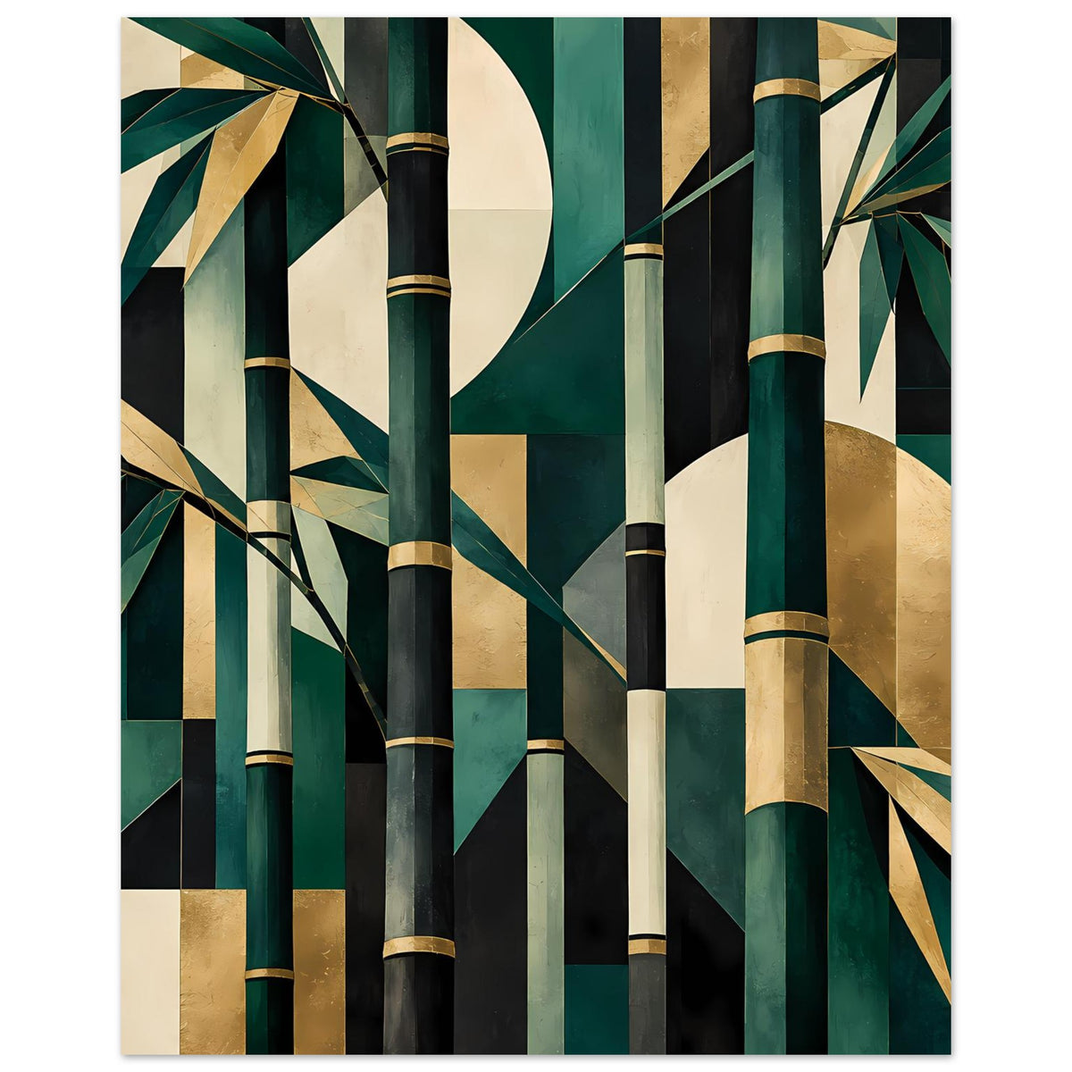 Wandposter mit abstrakten Bambusstämmen, Smaragdgrün, Gold und Beige, rechteckig