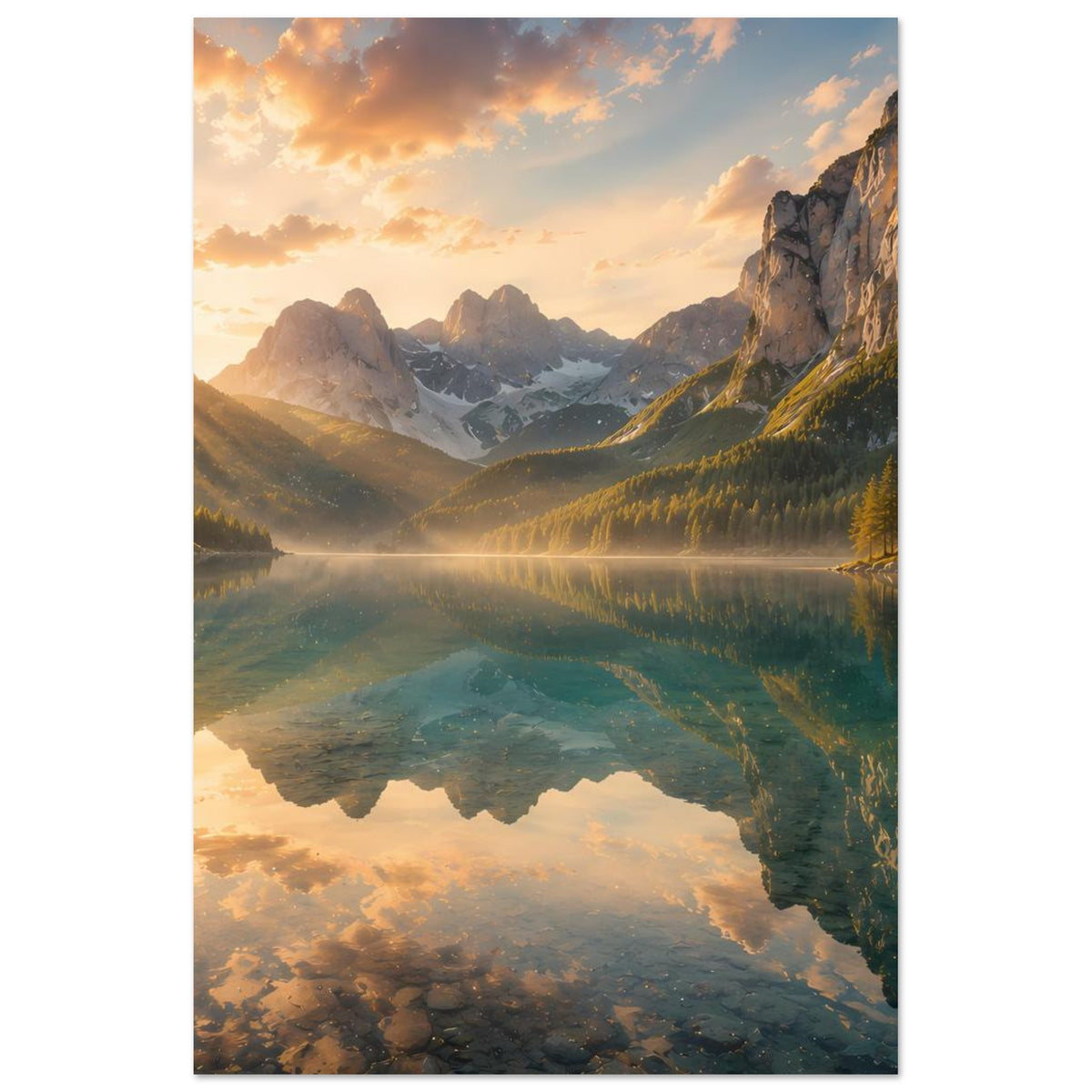 Vertikales Poster mit Sonnenaufgang über Bergen und spiegelndem See