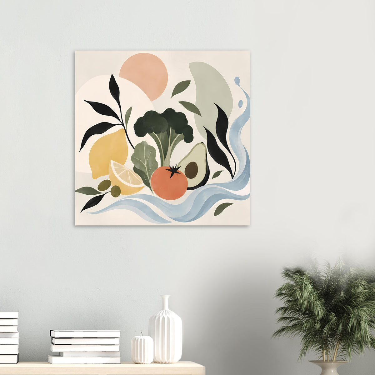 Kleines botanisches Poster im Rahmen: orangefarbene Frucht, grüne Blätter und hellblaue Wellenlinien
