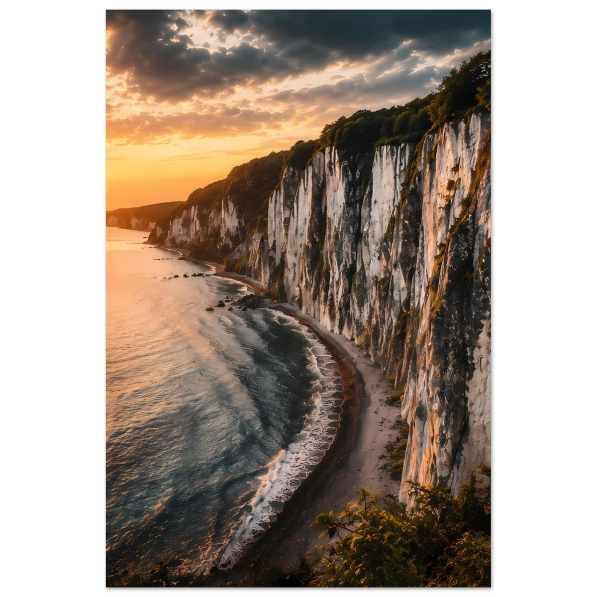Poster mit Küstenweg am Strand und hohen weißen Klippen im Sonnenuntergang