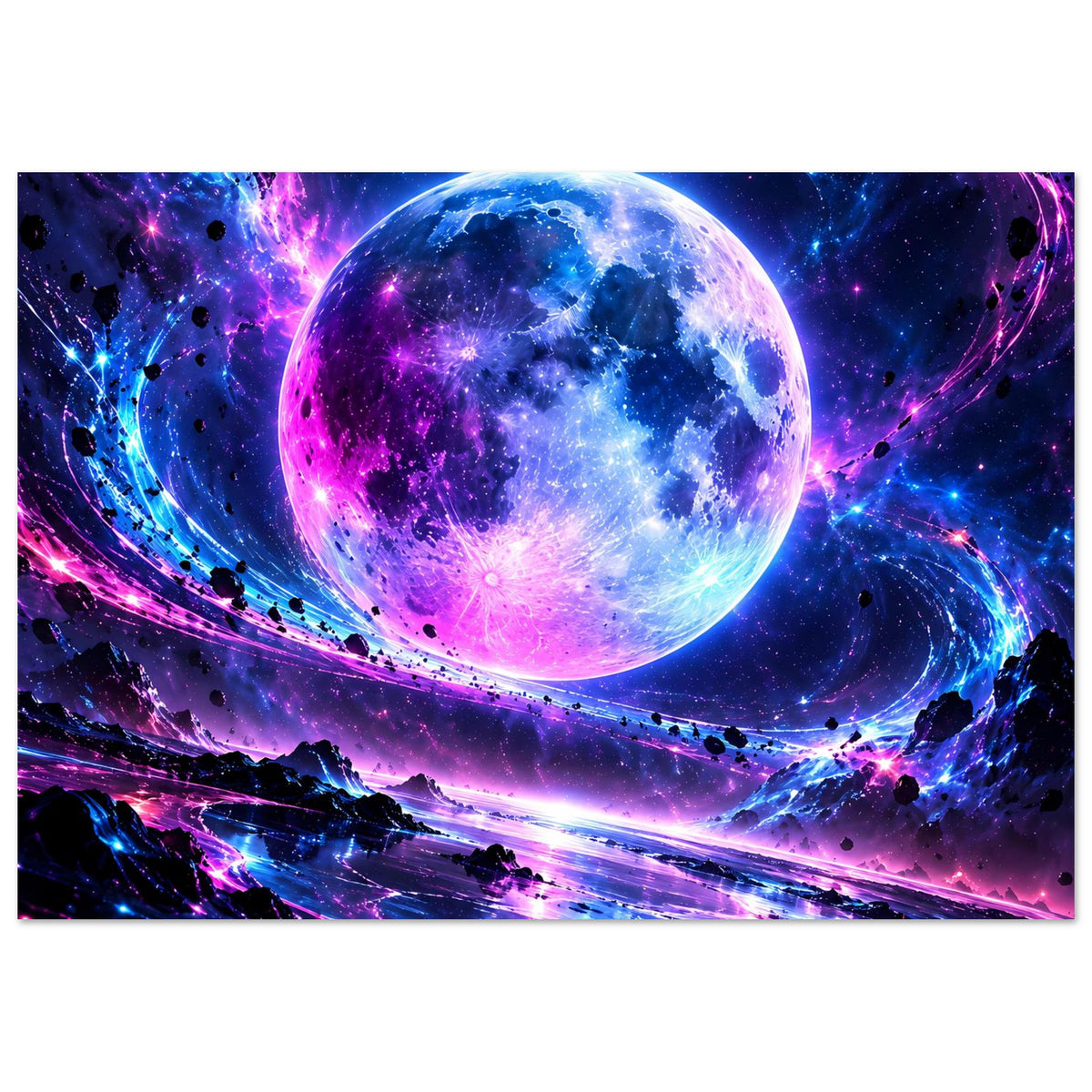 Querformat-Poster mit großer Planetenkugel in Blau und Lila, umgeben von schwarzen Gesteinsbrocken.