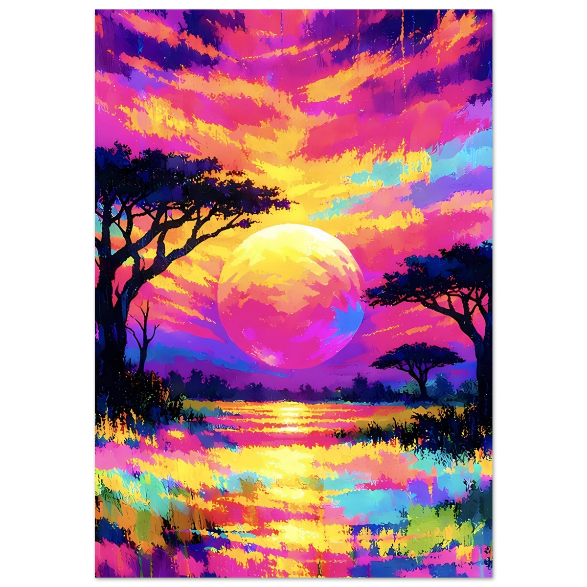 Neon-Landschaftsposter mit großer Sonne, knalligen Wolken, See-Reflexion und dunklen Bäumen