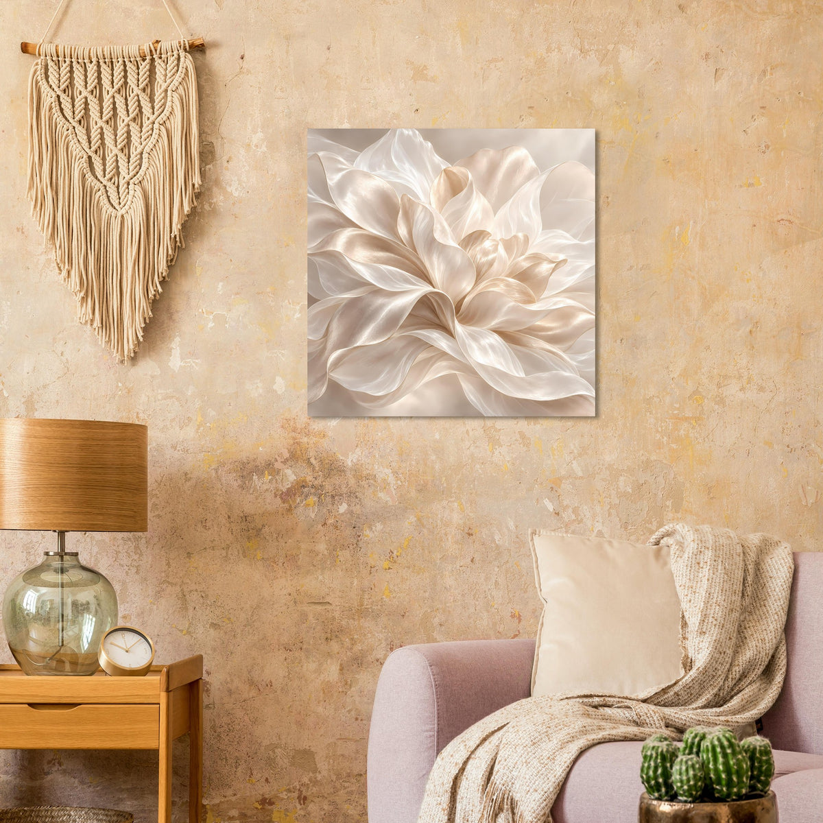 Blumenposter mit beigem floralen Schattenspiel, quadratisch, auf matter Papieroberfläche.