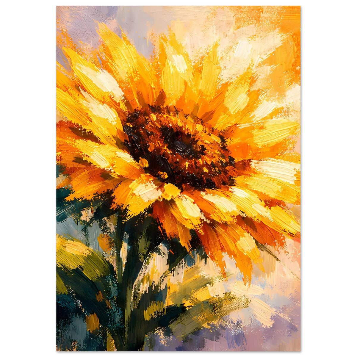 Vertikales Sonnenblumen-Poster mit gelb-orangen Blütenstrahlen und dunklem Zentrum.