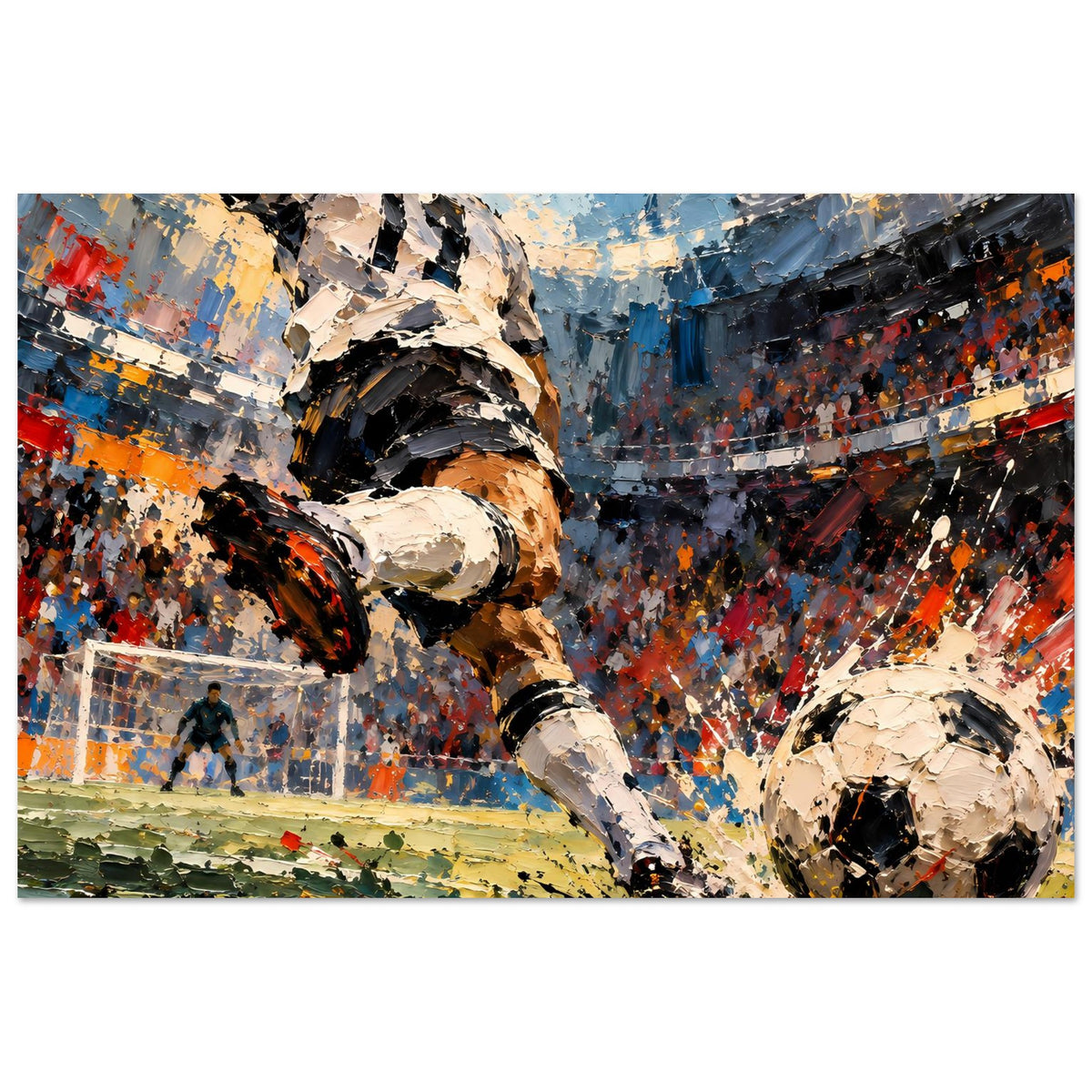 Fußball-Actionposter im Querformat: Spieler im Schuss, Ball im Vordergrund, Tor