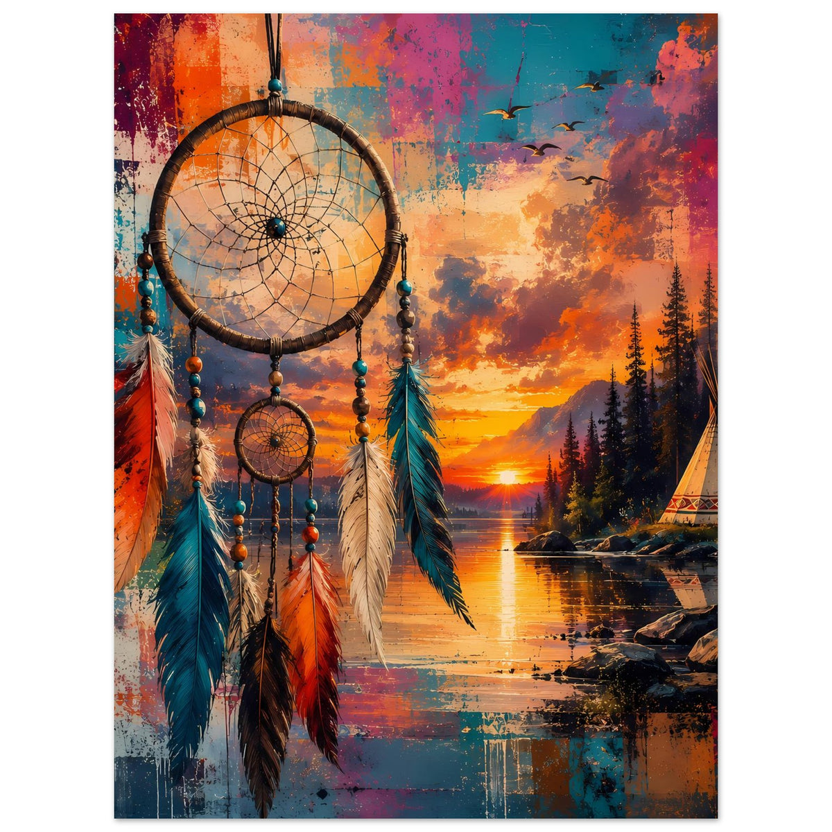 Boho-Träumefänger-Poster im Hochformat mit großem Traumfänger, bunten Federn und Traumkreis